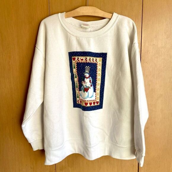 80s Hanes Her Way Wide Neck White Sweater DIY Snowman Graphic Sparkle Puff Paint - Picture 6 of 8